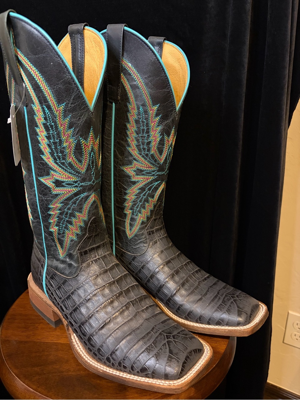 Macie Bean Black Cowboy Boots with Multicolor Stitching. Womens 8.5